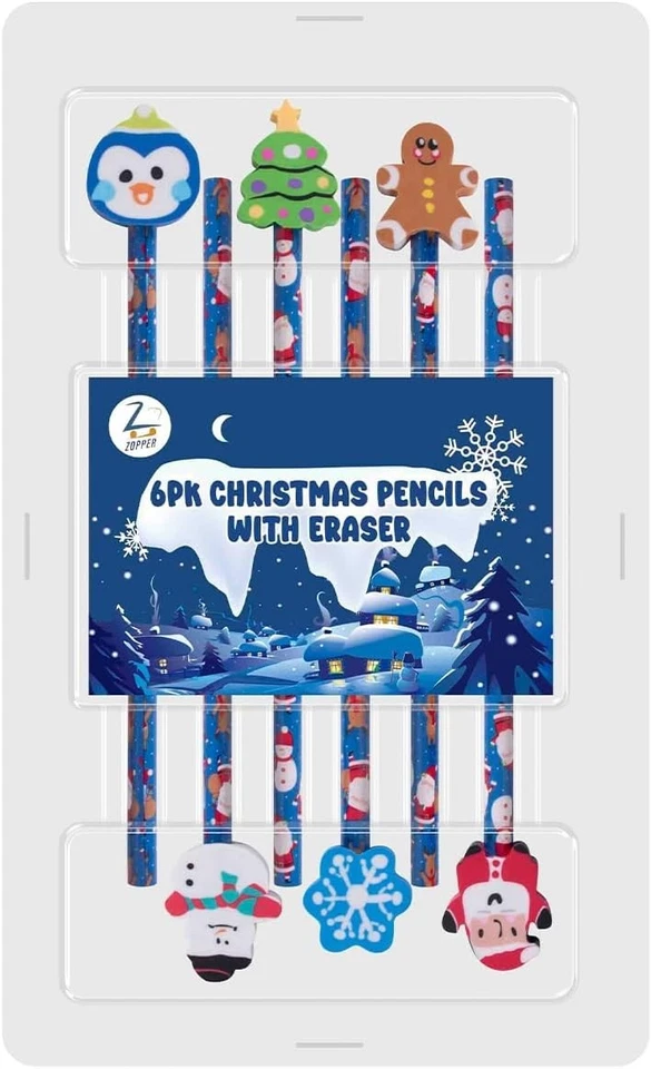 Christmas Pencils with Cute Eraser Toppers –Kids Xmas Party Bag Fillers Stocking - Image 2 of 4