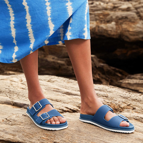 Vivaia Nikki Damen-Pantoletten blau gewebt doppelte verstellbare Schnalle Sandale US 10,5