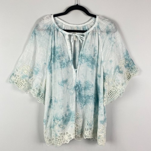 Anthropologie Embroidered Tie-Dye Blouse Size XL Boho Eyelet Peasant Top
