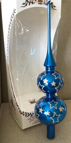 Krebs blau mundgeblasen Glas BAUMAUFSATZ mit Gold Glitzer Sterne ~ 13" hoch ~ USA - Bild 2 von 7