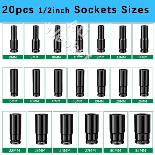 1/2" Drive Metric Deep - 20PCS Impact Socket Set CR-V Steel Metric Sockets - Picture 2 of 9