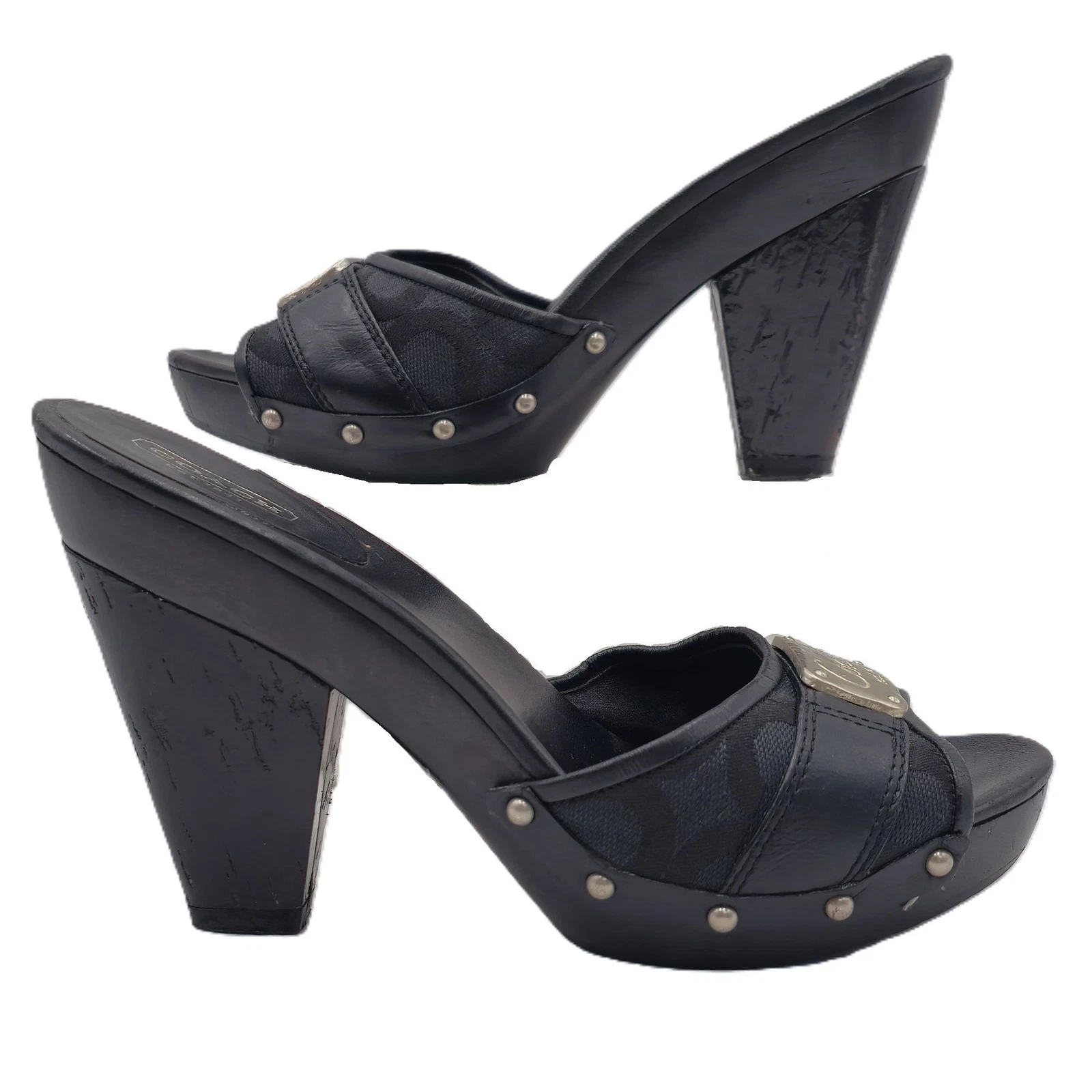 Scarpe eleganti Coach Designer nere in pelle con borchie zoccoli tacco donna 8 sandalo pompa