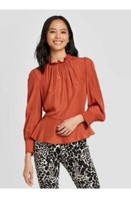 Who What Wear Target Burnt Brick Orange Long Sleeve Peplum Ruffle Blouse