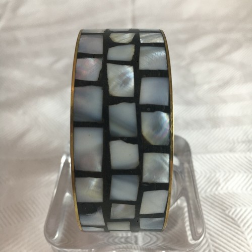 Mother of Pearl MOP Shell Square Tiles Wide Chunky Mosaic Bangle Bracelet Boho - Picture 7 of 10