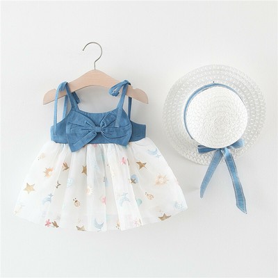 Infant Baby Girl Summer Bowknot Dress +Hat Princess Denim Gauze Gallus Dresses