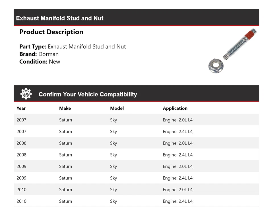 Colector de escape Saturn Sky Dorman 2007-2010 perno y tuerca 2008 2009 Foto 2 de 4