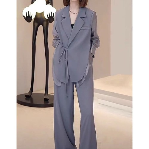 Summer Women's Office Outfits Chiffon Shirt Blazer Wide Leg Pants Two Piece Set - Bild 15 von 17