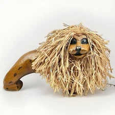 Y2K Pier 1 Hand-Carved Wood & Raffia Lion Sculpture Indonesia 20”