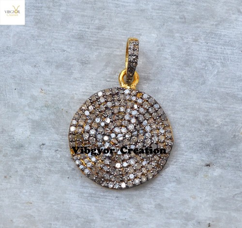 Pave Diamond Charm 925 Sterling Silver Disc Pendant Gold Plated Unisex Jewelry - Picture 2 of 4