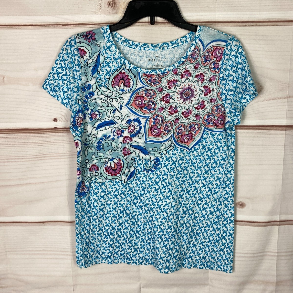 Talbots Top Womens S Blue Floral Geometric T-Shirt Cotton Linen