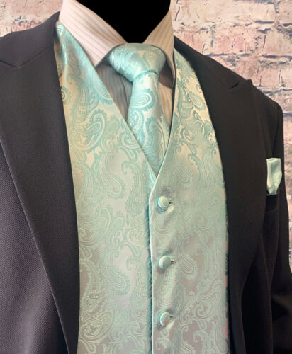 Classic Men Paisley Design Dress Vest and Neck Tie Hankie Set For Suit or Tuxedo - Picture 13 of 14