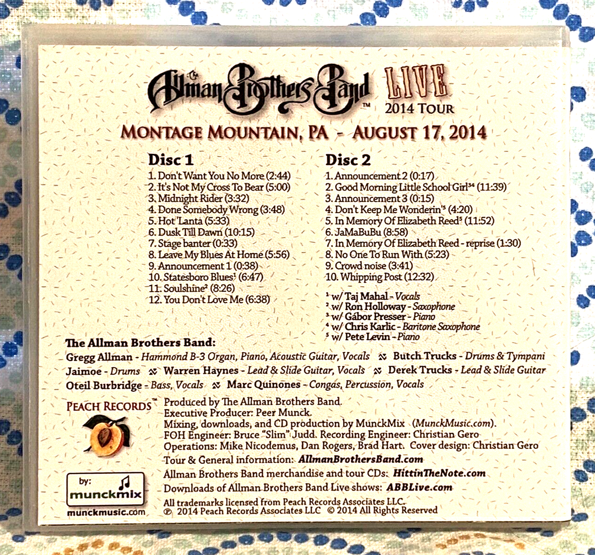 Allman Brothers Band Live 8-17-14 Montage Mountain PA 2 CD