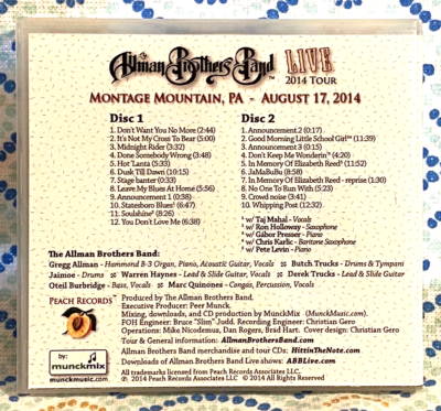 Allman Brothers Band Live 8-17-14 Montage Mountain PA 2 CD