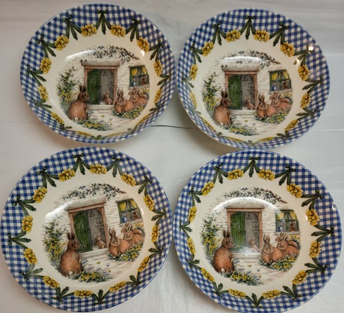 Set of 4 Royal Stafford 8" Soup Bowls Easter Bunny Rabbit Blue Gingham Salad