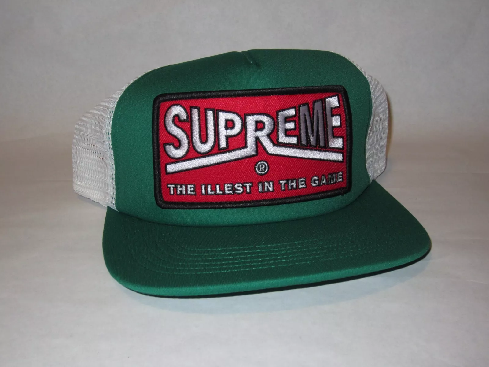Casquette chapeau SUPREME Illest dos en maille 5 panneaux VERT/BLANC Snapback NEUF ! S/S 2022