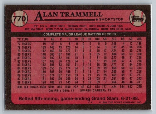 1989 Topps Alan Trammell #770 - Picture 2 of 2