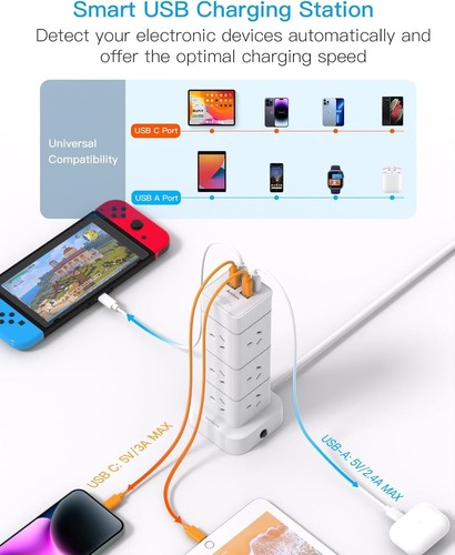 Addtam Surge Protected Tower Power Strip 12 AC Outlets 4 USB Ports 1.5M Cord - Picture 4 of 7