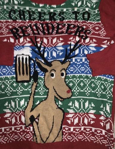 Funny Ugly Christmas Sweater “Cheers To Reindeers” Beer Red Medium - Picture 2 of 4