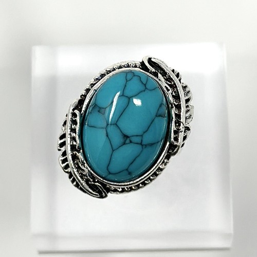 Vintage Ring Silberfarben Kunststein Türkis Farbe Oval Größe 6 - Bild 2 von 8