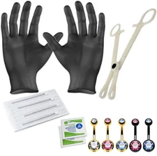 Professional Belly Button Piercing Kit Gold & Black Steel 14G Set 13 Pcs