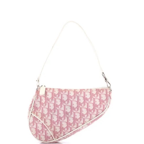 Vintage CHRISTIAN DIOR Diorissimo Trotter Saddle Shoulder Bag Pink White Canvas