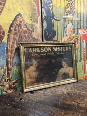 C. 1929 CARLSON SISTERS SIDESHOW ORIGINAL PAINTING SIGN CARNIVAL CIRCUS BOXING