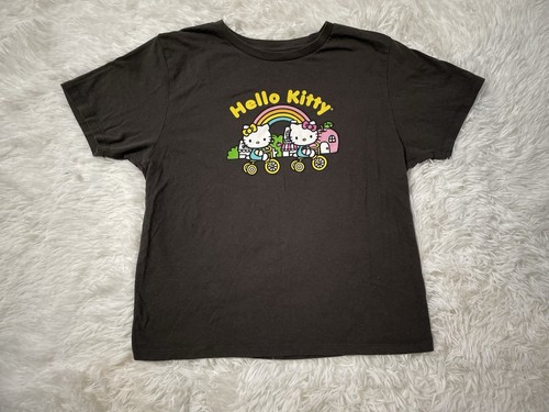 Hello Kitty Sanrio Youth Girls L Black Graphic Tee Rainbow Bike 100% Cotton 2023