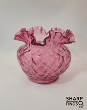 Vintage 1940s-50s Fenton Diamond Optic Cranberry Vase Model 1784 CR Ruffled Rim