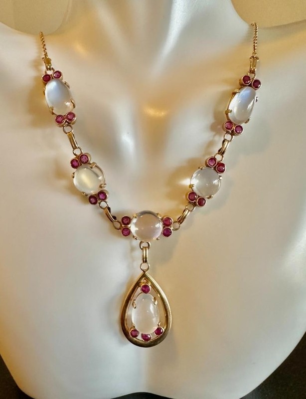 Victorian Moonstone Ruby Necklace Antique 14 Karat Gold Museum Quality Necklace
