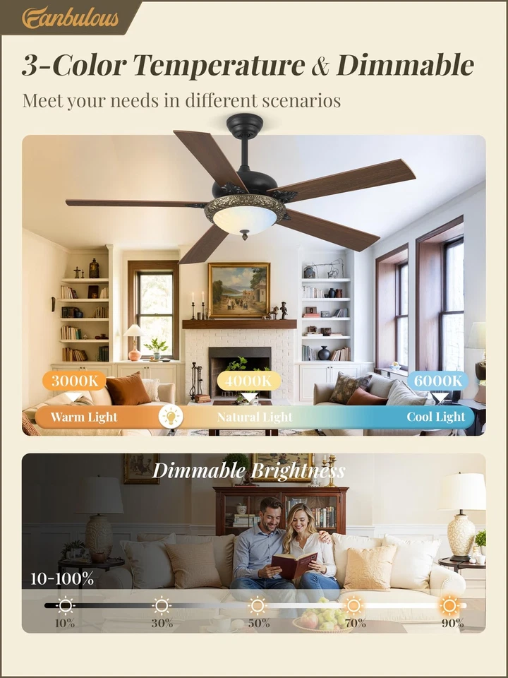 56" Ceiling Fans with Lights Rustic Ceiling Fan with Dimmable LED Light Remot... - Image 2 of 4