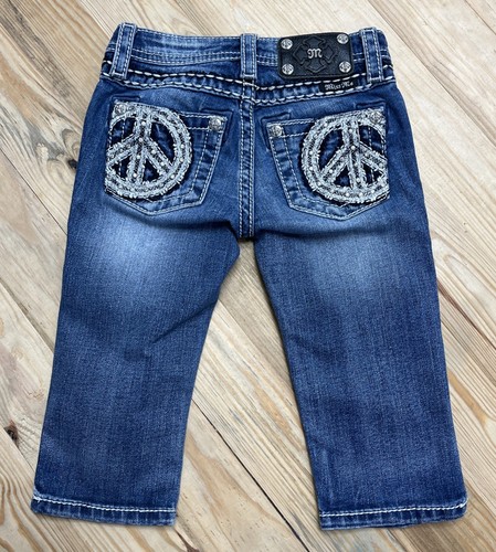 Miss Me Girls Capri Stretch Peace Sign Bling Blue Jeans size 7