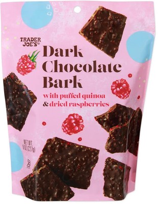Trader Joe's 8 oz. DARK CHOCOLATE BARK Puffed Quinoa Dried Raspberries BB 1/2027