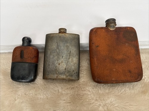 Antique Flask Lot Of 3 James Dixon And Sons Sheffield Sterling Silver Pewter