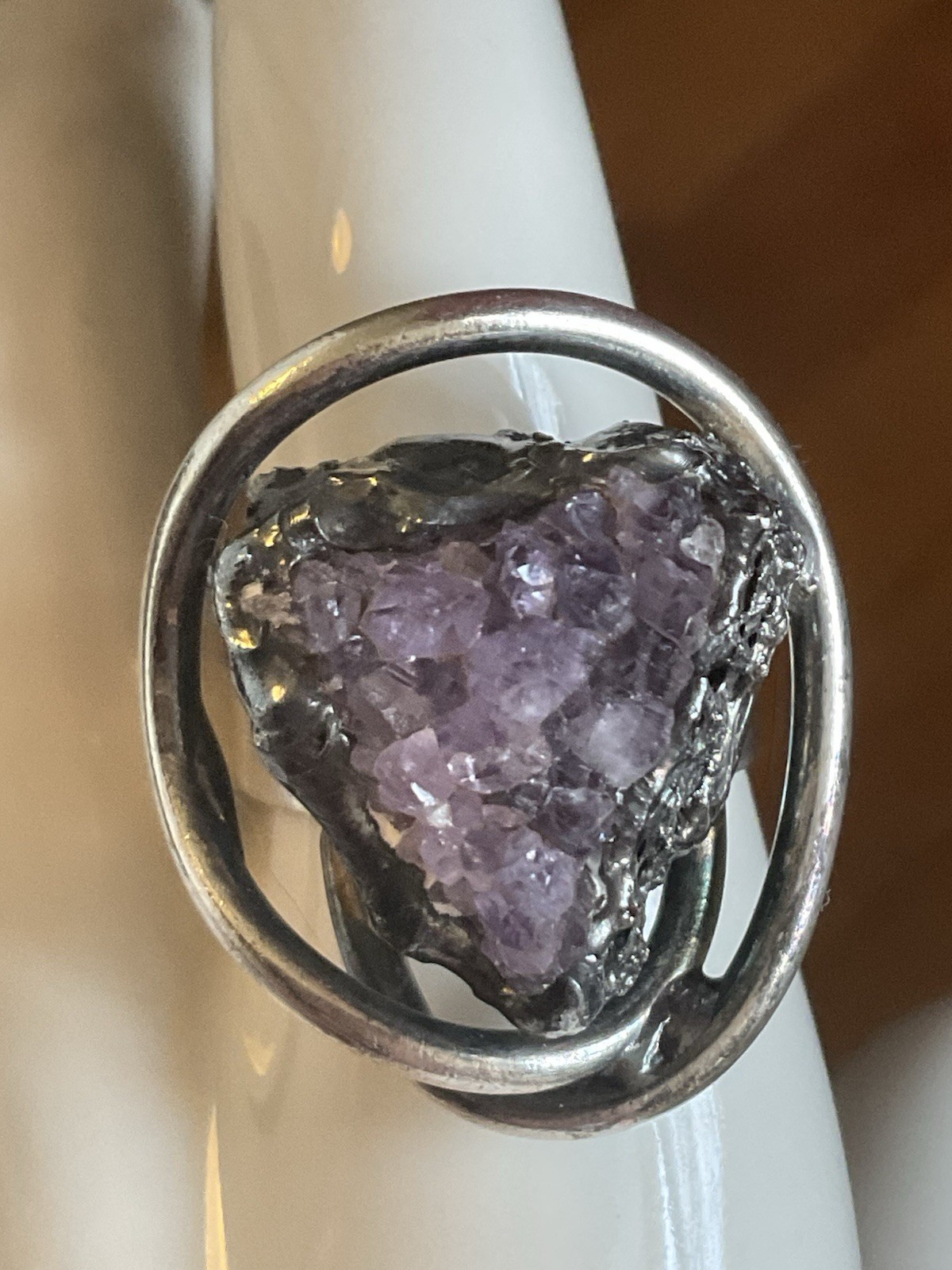 Vtg. Modernist Style Statement Ring Raw Amethyst … - image 1