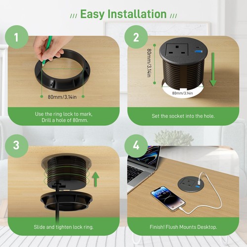 Desk Power Strip USB C Desk Grommet Power Socket 80mm Recessed Power Socket USB - Zdjęcie 6 z 8