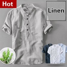 Neu Herren Leinen Kurzarm Locker T-Shirt Oberteil Shirt Locker Ethno Stehkragen
