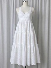MINKPINK Lola Romantic White Eyelet Empire Waist Tiered Coastal Boho Midi Dress