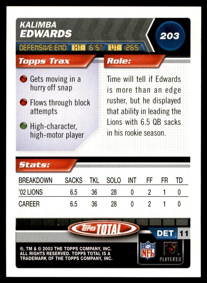 2003 Topps Total #203 Kalimba Edwards Detroit Lions - Image 2 of 2