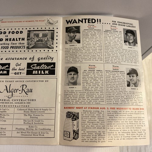 August 1950’s Cleveland Indians Vs NY Yankees Official Scorecard, Di Maggio Yogi - Picture 9 of 10