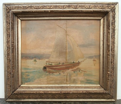AMERICAN IMPRESSIONIST Antique OIL Painting COS COB SCHOOL Artist HARBOR BOATS - Bild 13 von 21