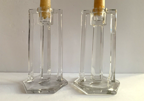 Antiguo par Westmoreland/2 de candelabros de vidrio transparente Art Deco temprano - Imagen 2 de 11