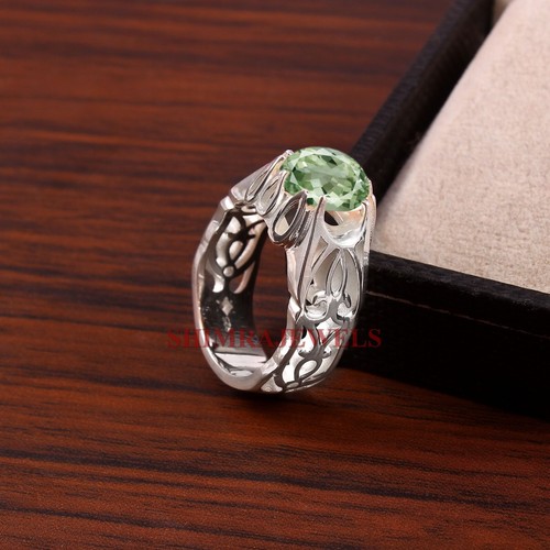 Natural Green Amethyst Gemstone With 14K White Gold Plated Silver Men Ring #1221 - Picture 8 of 13