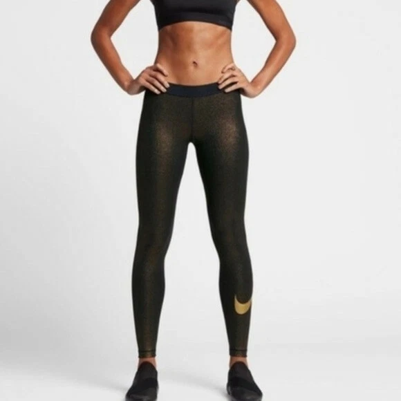 Nike Pro Womens Black Metallic Gold Sparkle Training Leggings Sz