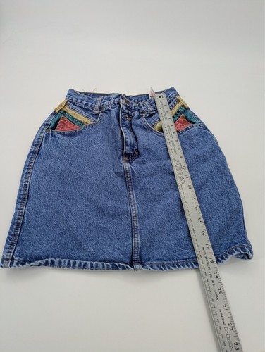 USA Zena Denim Skirt Womens Size 7/8 Blue Back Slit Vintage Colorblock - Picture 2 of 9