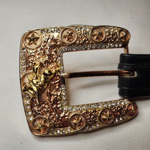Horse Rodeo Western Belt Cowgirl Leather Whip Stitch Large Rhinestone Buckle 34 - Picture 5 of 9