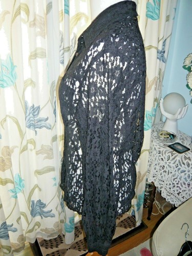 LONE STAR VINTAGE BLOUSE - Black Lace Long Sleeve Black/Silver Buttons UK 16 - Picture 3 of 5