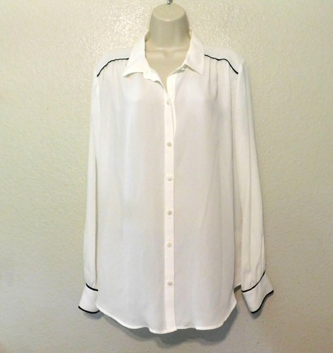 Blusa Worthington XL Blanca Negra Borde Abotonada Manga Larga Ligera NUEVA - Imagen 1 de 5