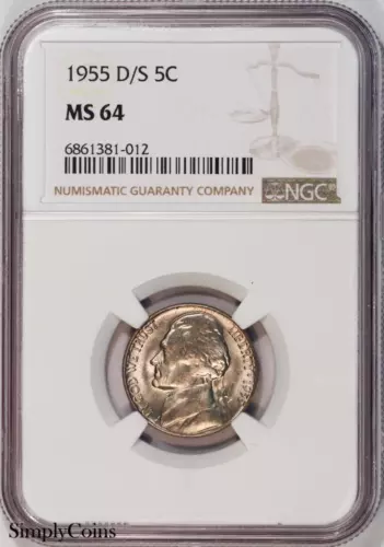 1955-D/S Jefferson Nickel NGC MS64 OMM Overmintmark D Over S US Coin