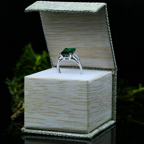 14K White Gold Finish 2.50Ct Emerald Cut Diamond Three Stone Womens Wedding Ring - Picture 6 of 9
