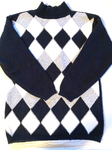 Liz & Co Women LARGE Knit Argyle Sweater Pullover Ski Black White Cardigan Vtg - Picture 7 of 13
